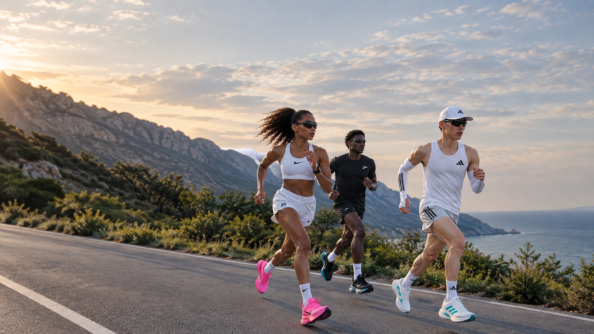 Runners at race pace on a coastal road