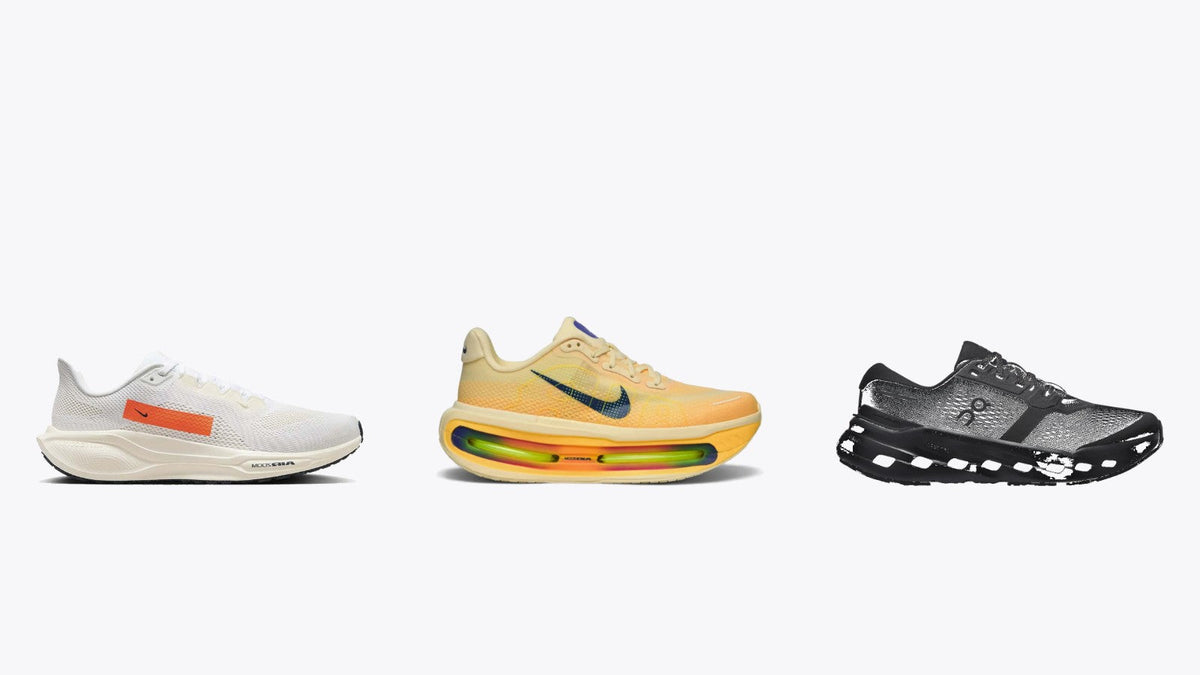 Three running shoes in profile